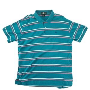 Hunt Club Mens XL Polo Shirt Teal Pink White Striped Cotton Short Sleeve Horse